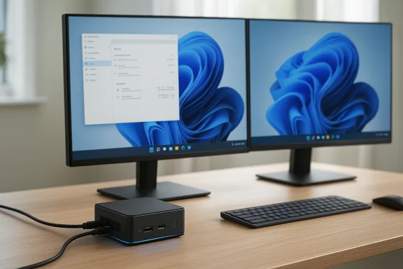 Dual monitors display Windows desktop while a docking station sits connected on a desk.