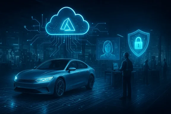 Blue neon cloud with data and a lock icon over an autonomous car in a futuristic cybersecurity lab.