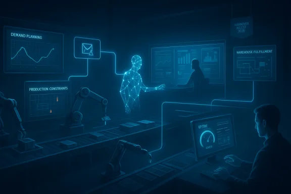 Blue holographic AI figure and dashboards monitor industrial warehouse planning and fulfillment.