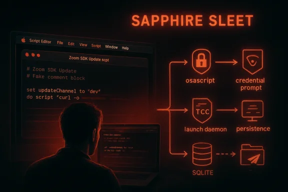 Hacker at a computer with “SAPPHIRE SLEET” and a glowing macOS malware pipeline diagram.