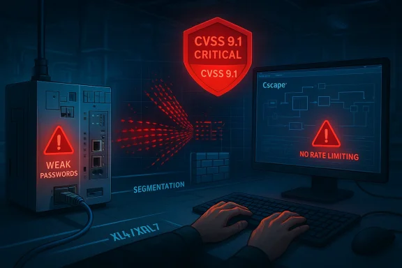 Cybersecurity scene showing weak passwords, segmentation, and a CVSS 9.1 critical alert with warning alarms.