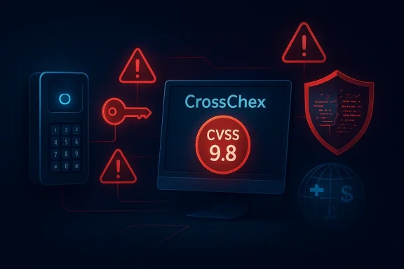 Neon cybersecurity scene showing CrossChex with CVSS 9.8 rating, warning icons, and key system controls.