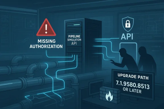 Security warning shows “Missing Authorization” in a pipeline simulation API server scene with an upgrade path error.