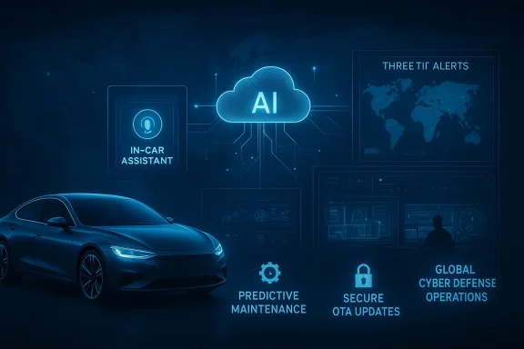 Blue AI cloud network interface over an autonomous car, highlighting predictive maintenance, secure OTA updates, and cyber defense alerts.