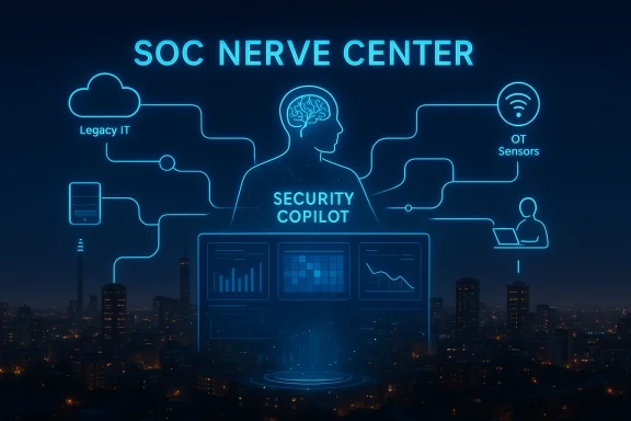 Neon “SOC Nerve Center” graphic over a night city, showing a “Security Copilot” dashboard with linked sensors.