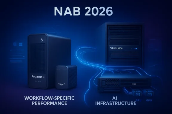 Tech-themed graphic showing NAS/AI infrastructure hardware labeled “NAB 2026” and “Workflow-Specific Performance.”