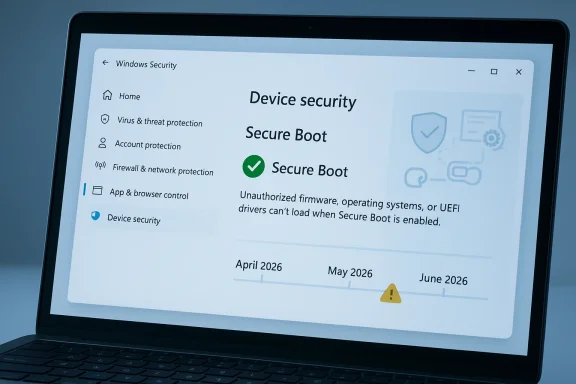 Laptop screen shows Windows Security “Device security” with Secure Boot enabled and timeline through June 2026.