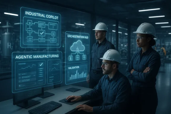 Engineers in a factory control room review AI holographic dashboards labeled “Industrial Copilot” and “Agentic Manufacturing.”