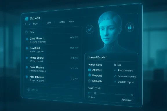 Futuristic Outlook dashboard showing unread emails and action items with a blue UI overlay.