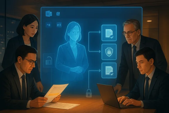 Business team meeting with a glowing AI interface showing identity and document verification icons.