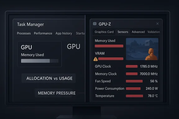 GPU-Z Task Manager window shows GPU memory, clocks, fan speed, power, and temperature readings.