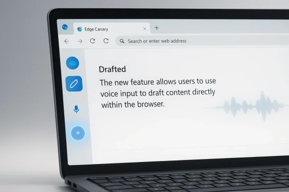 Laptop screen shows Microsoft Edge Canary “Drafted” feature with voice input text.