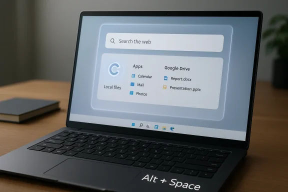 Laptop screen showing Google Drive file folders with a “Search the web” bar and “Alt + Space” key prompt.