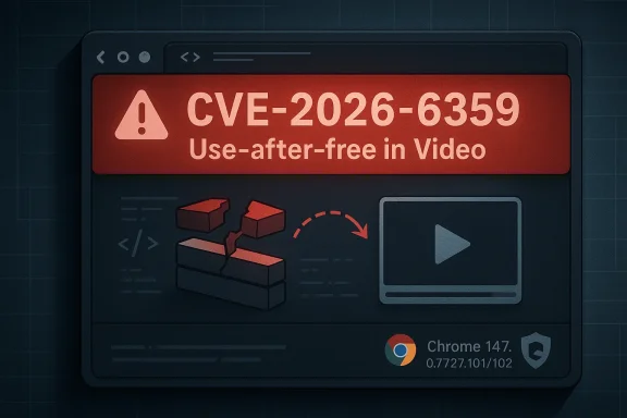 Security alert on a computer screen showing CVE-2026-6359: “Use-after-free in Video.”