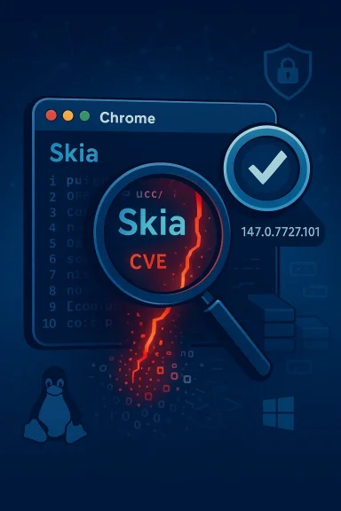 Cybersecurity-themed Chrome interface with a “Skia” malware scan and lock/shield icons.