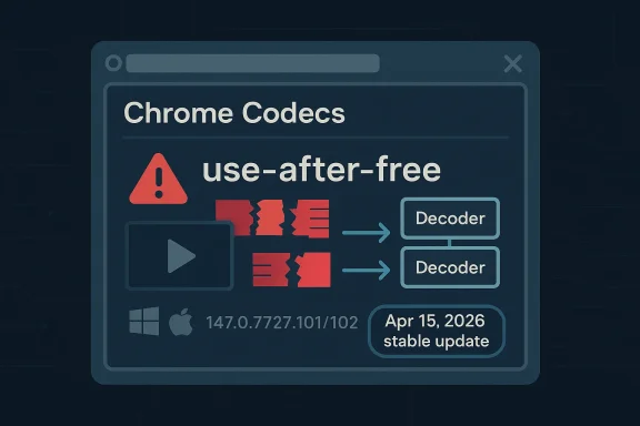 Chrome Codecs interface warns “use-after-free,” showing decoder boxes and a stable update date.