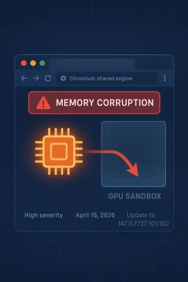 Chrome GPU sandbox warning showing “Memory corruption” and high-severity alert.