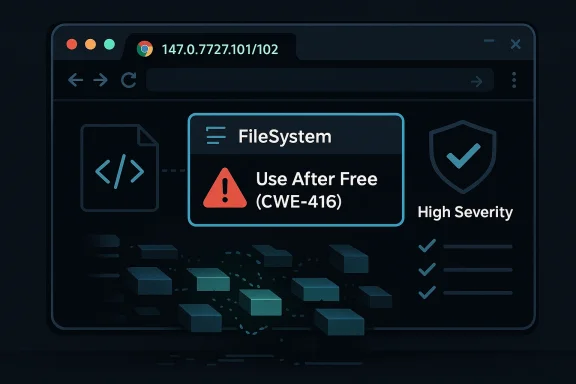 Cybersecurity dashboard warning for a “FileSystem: Use After Free” issue (CWE-416) with high severity.