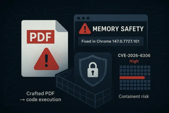 Cybersecurity warning showing “Memory Safety” issue in Chrome, plus “CVE-2026-6306 High” and “Crafted PDF code execution.”