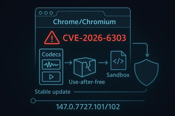 Chrome/Chromium security alert showing CVE-2026-6303 with sandbox, code, and stable update info.