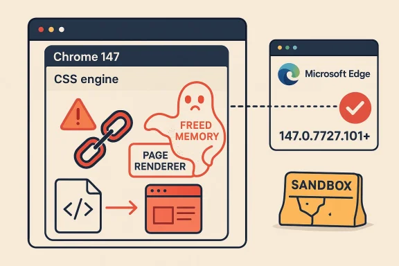 Illustration comparing Chrome 147 and Microsoft Edge 147 with “freed memory” and sandbox concepts.