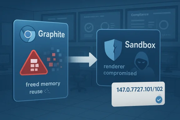 Cybersecurity concept showing Graphite and Sandbox defenses with malware “renderer compromised” warning.