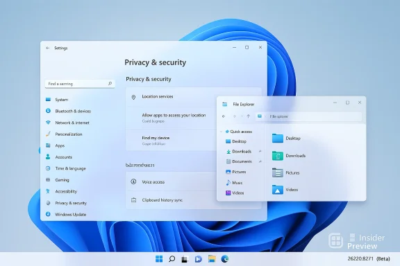Windows 11 Settings “Privacy & security” open beside File Explorer with an Insider Preview watermark.