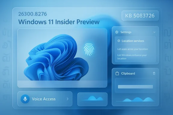 Windows 11 Insider Preview settings screen showing Location services and KB 5083726 details.