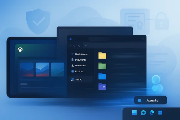 Layered blue Windows-style desktop interface with a shield icon and file folders.