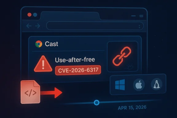 Chrome Cast security warning screen showing “Use-after-free” CVE-2026-6317 error.