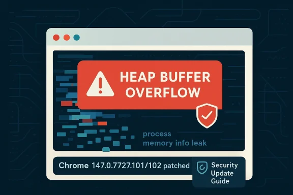 Chrome security update warning showing “Heap Buffer Overflow” and “process memory info leak” on a computer screen.