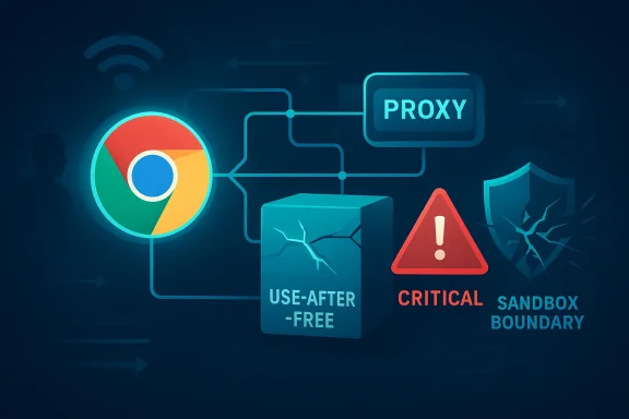 Cybersecurity network diagram showing a Chrome icon, “PROXY,” “USE-AFTER-FREE,” and “CRITICAL SANDBOX BOUNDARY.”
