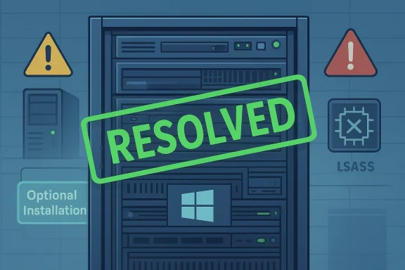 Server rack with a green “RESOLVED” stamp and caution icons around it.