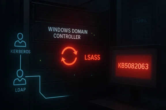 Network security dashboard showing Windows domain controller, Kerberos/LDAP, and LSASS with sync/refresh icon.