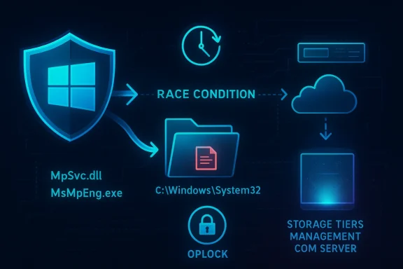 Neon cybersecurity diagram showing a Windows file path and “RACE CONDITION” risk with protected storage and cloud flow.