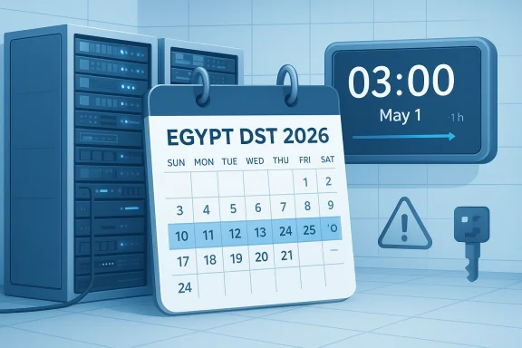 Calendar and server room illustration showing “EGYPT DST 2026” with May 1 highlighted.
