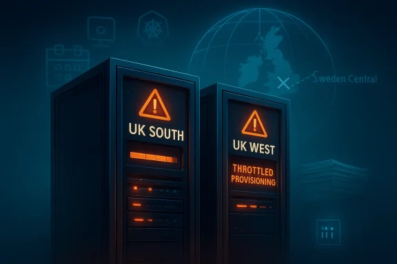 Cybersecure server rack warning alerts for UK South and UK West, throttled provisioning with globe overlay.