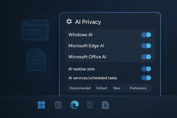 Screenshot of a Windows “AI Privacy” settings panel with toggles for Windows, Edge, and Office AI features.