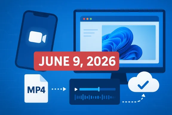 Tech illustration with “JUNE 9, 2026” over a computer, MP4 file, and cloud media icons.