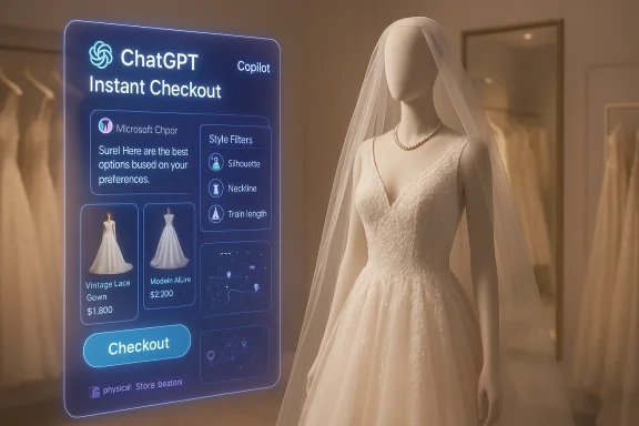 A wedding dress mannequin stands beside a glowing ChatGPT “Instant Checkout” interface on a display.