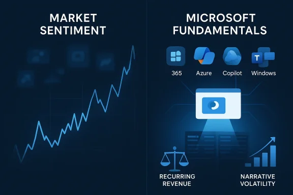 Split-screen graphic showing rising market sentiment and Microsoft fundamentals icons.