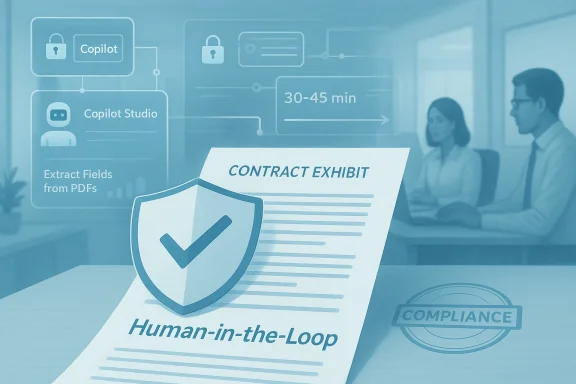Blue compliance concept image with a contract exhibit, shield approval, and “human-in-the-loop” messaging.