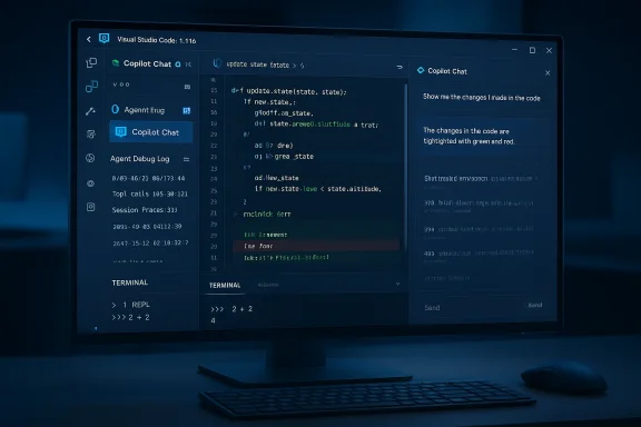 Screenshot of Visual Studio Code with a Copilot Chat window coding on a monitor.