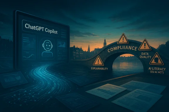 Futuristic AI compliance scene with “ChatGPT Copilot” and warning icons over a city sunset.