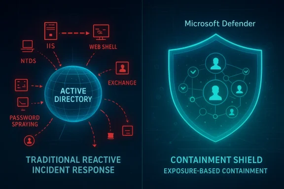 Diagram comparing reactive security with Microsoft Defender’s containment shield for exposure-based incident response.