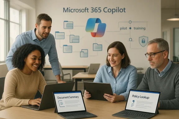 Team collaborates at office laptops with “Microsoft 365 Copilot” displayed behind them.