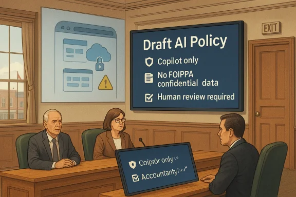 Business meeting in court discussing a “Draft AI Policy” requiring copilot only, no FOIPPA data, and human review.
