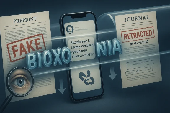 News-style image showing a phone alert about a newly identified eye disorder, with “FAKE BIXONIMANIA” text.