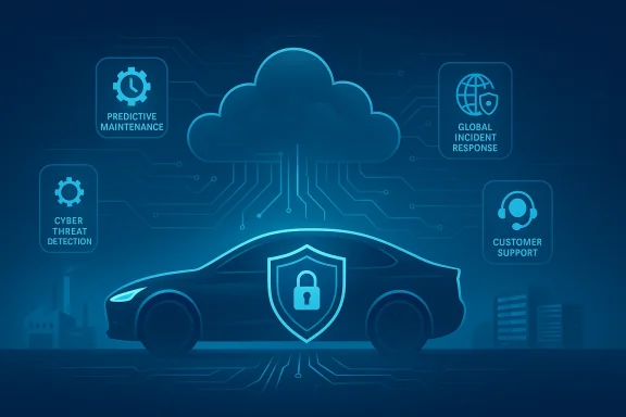 Blue security-themed illustration of a car with a shield, cloud icons, and services like cyber threat detection.