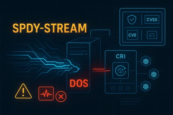 Cybersecurity-themed “SPDY-STREAM” graphic showing CVSS/CVE/CRI and a “DoS” warning.